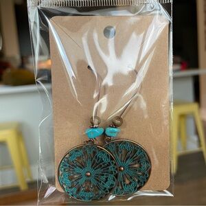 Metal Bronze Blue Drop Boho Hippie Festival Earrings